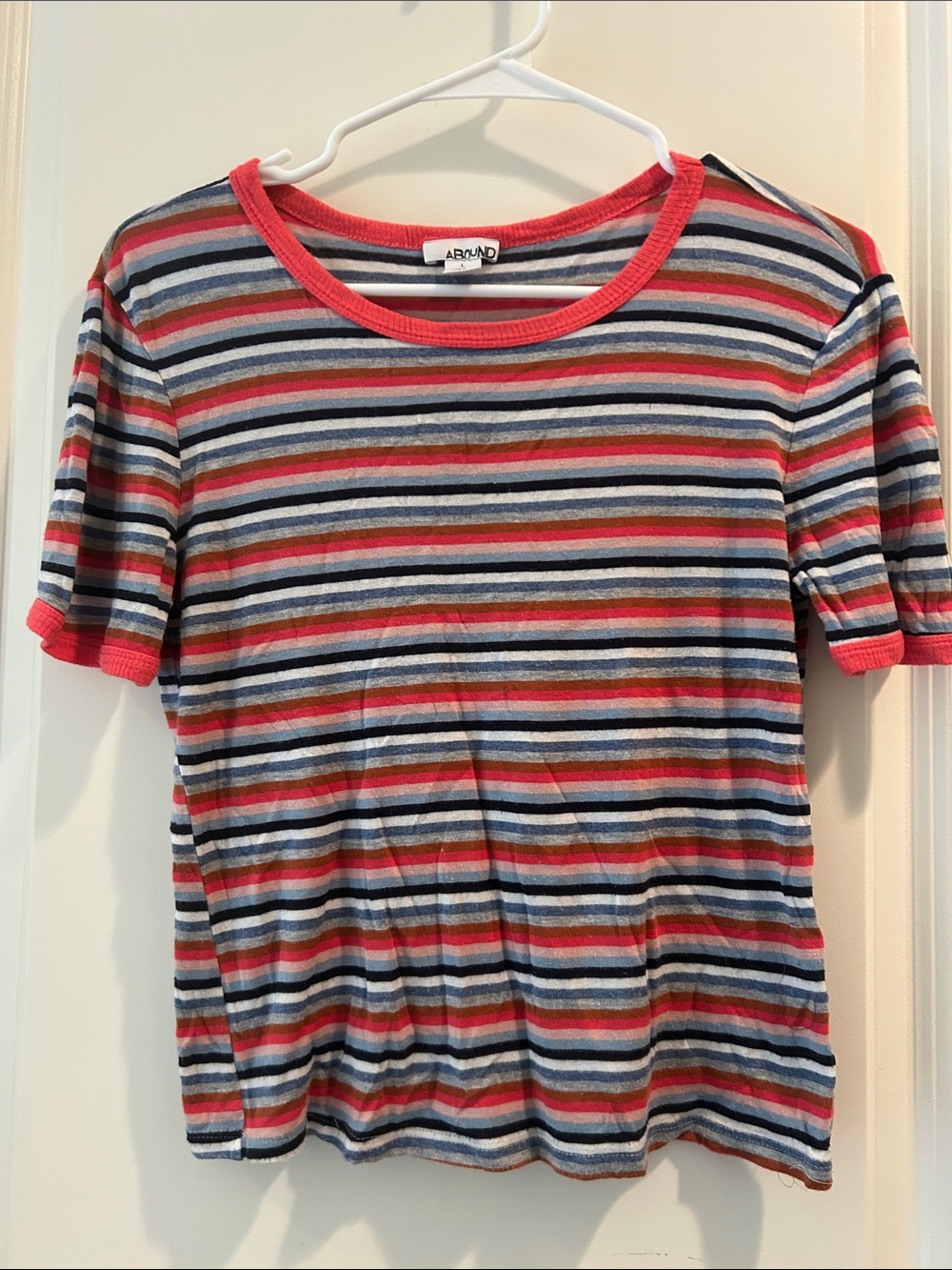 Abound soft Striped Short Sleeve ribbed trim stretchy Tee size L Pink Blue White